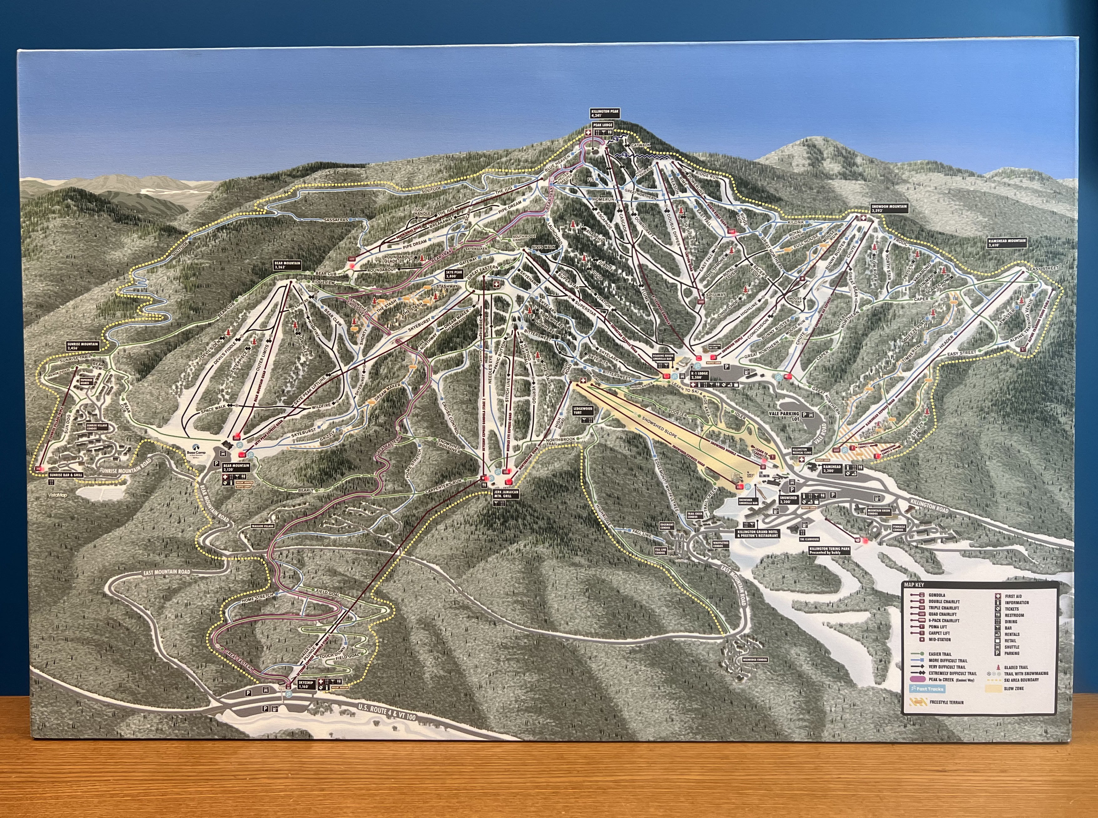 Illuminated ski resort trail map on canvas